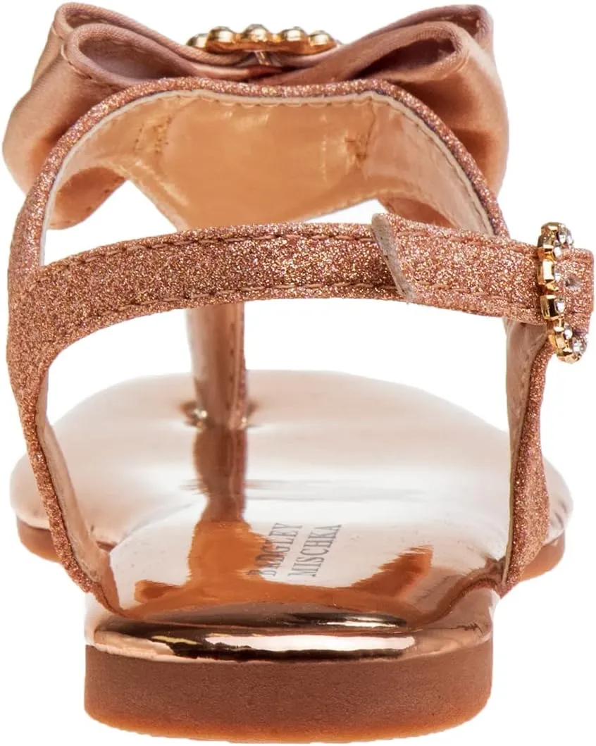 Badgley Mischka Toddler Girls Sandals with Bow - Kid Dress Shoes Slip-On Open Toe Flat Sandal Rhinestone Strappy Glitter (Big Kid/Little Kid) (Black/Silver/RoseGold)