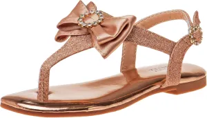 Badgley Mischka Toddler Girls Sandals with Bow - Kid Dress Shoes Slip-On Open Toe Flat Sandal Rhinestone Strappy Glitter (Big Kid/Little Kid) (Black/Silver/RoseGold)