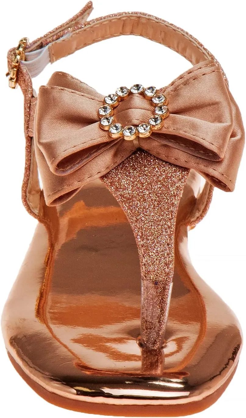 Badgley Mischka Toddler Girls Sandals with Bow - Kid Dress Shoes Slip-On Open Toe Flat Sandal Rhinestone Strappy Glitter (Big Kid/Little Kid) (Black/Silver/RoseGold)