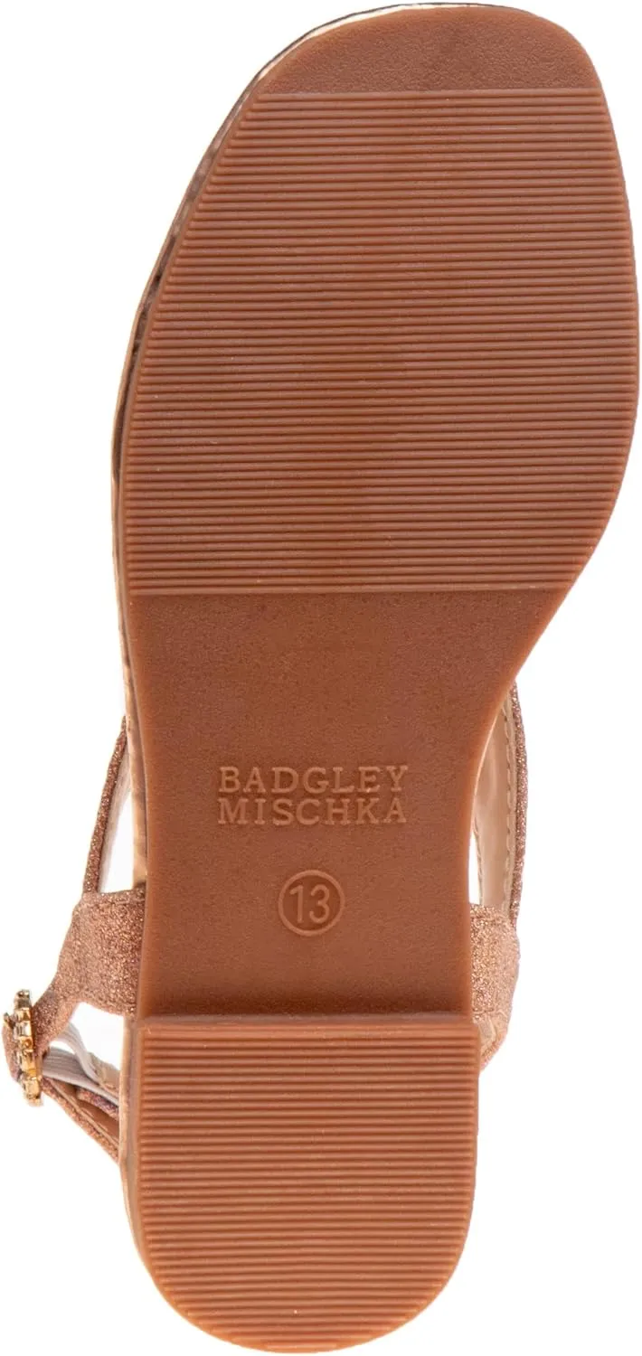 Badgley Mischka Toddler Girls Sandals with Bow - Kid Dress Shoes Slip-On Open Toe Flat Sandal Rhinestone Strappy Glitter (Big Kid/Little Kid) (Black/Silver/RoseGold)