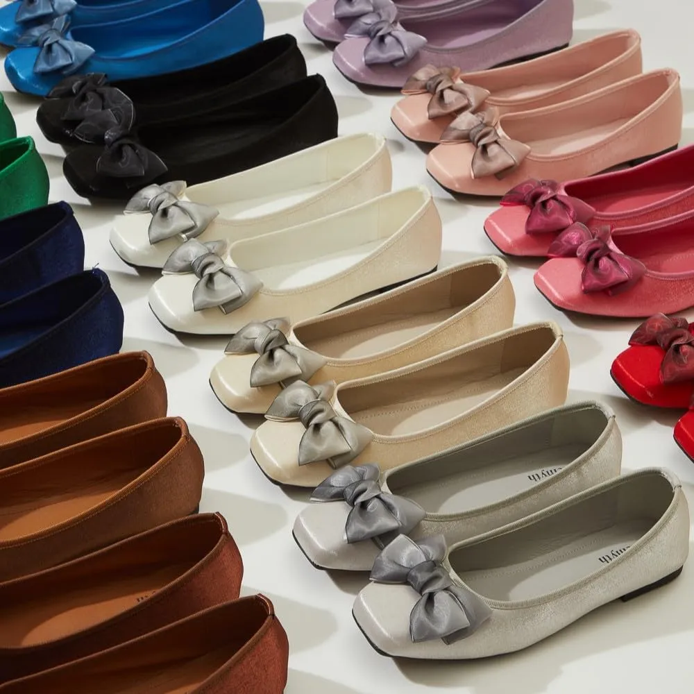 Ballet Flats for Women ; Square Toe Mary Jane Flats ; Satin Material Ballet Shoes ; Bowknot Elegant Dressy Women Shoes