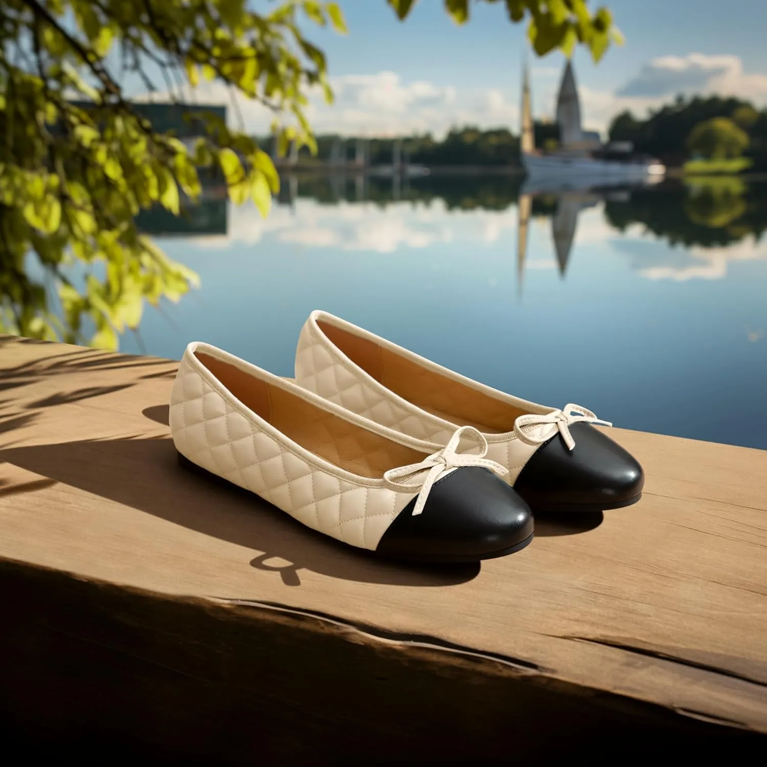 Ballet Flats for Women;Round Toe Mary Jane;Soft Leather Geometric Patterns Dressy Flats;Bowknot Slip on Women Shoes