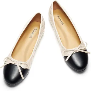Ballet Flats for Women;Round Toe Mary Jane;Soft Leather Geometric Patterns Dressy Flats;Bowknot Slip on Women Shoes