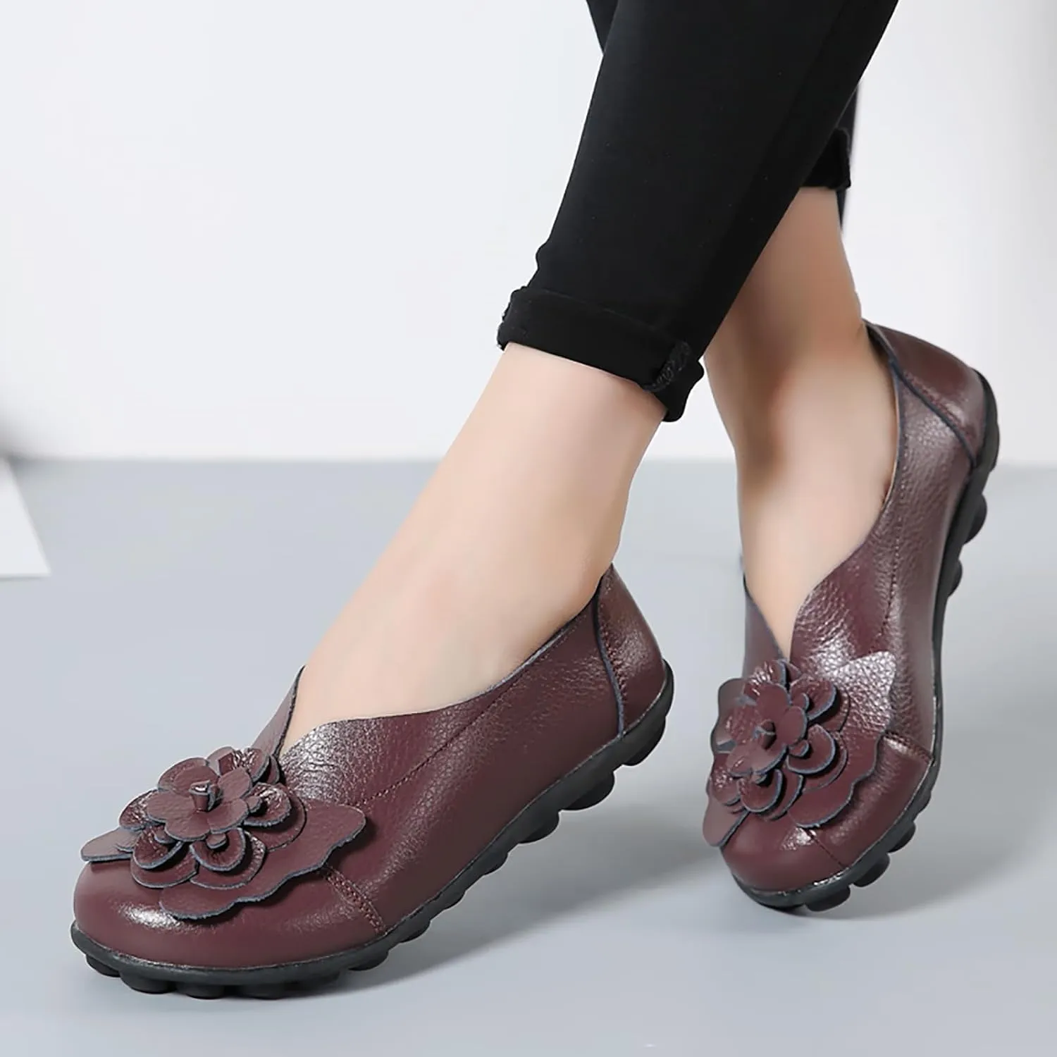 Ballet Flats Shoes for Women Flower Trim Round Vamp Shoes Cowhide Casual Slipper Loafers Cushion Slip-Ons Lightweight Footwear Summer Driving Comfortable Loafers 2025