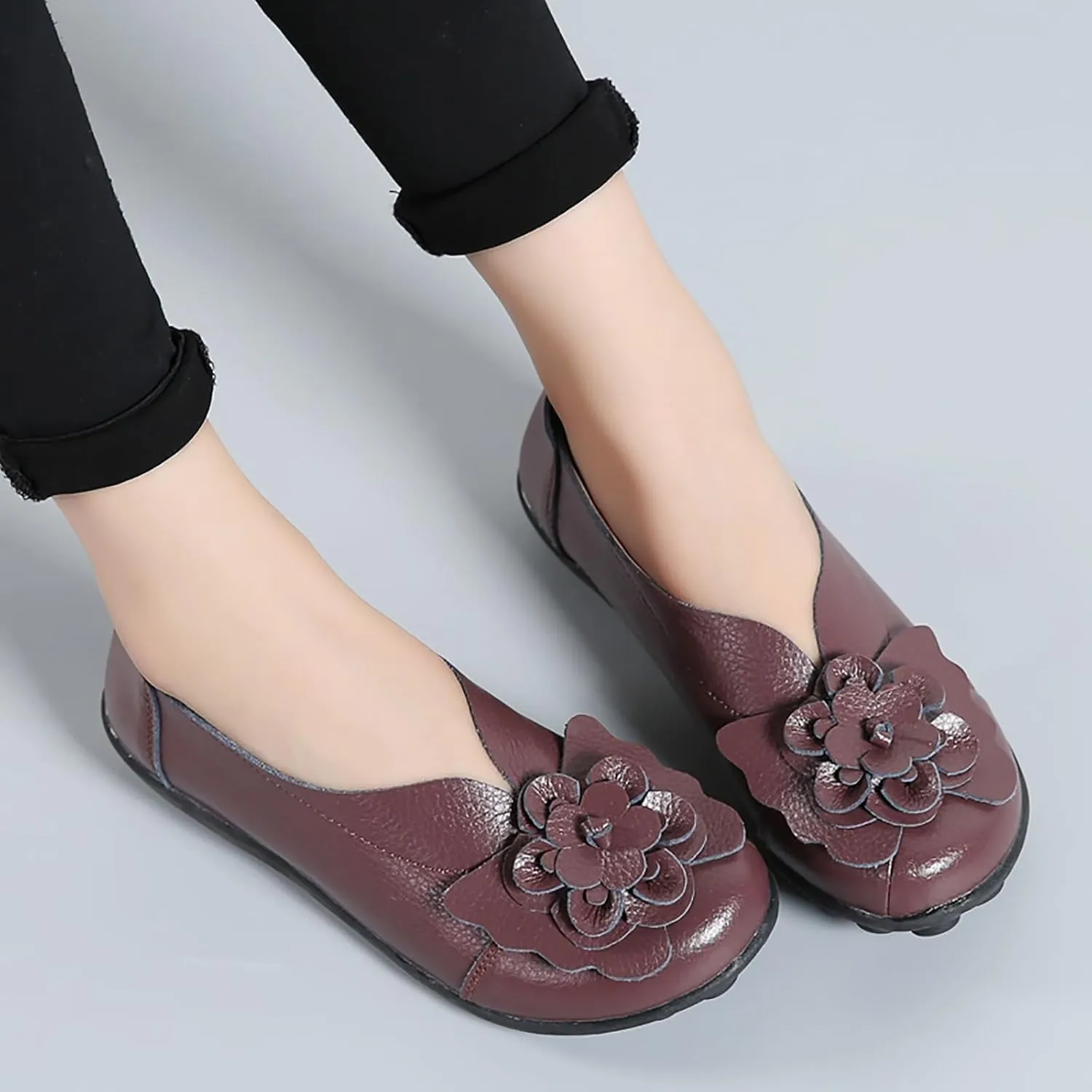Ballet Flats Shoes for Women Flower Trim Round Vamp Shoes Cowhide Casual Slipper Loafers Cushion Slip-Ons Lightweight Footwear Summer Driving Comfortable Loafers 2025