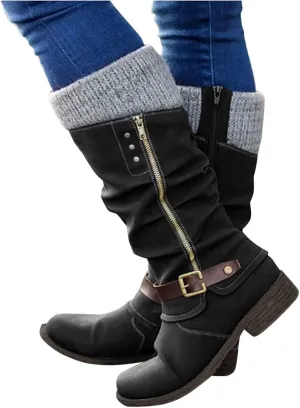 Bamboo Store Womens Winter Boots 7.5 Size Flat High Colors Shoes Large Boots Women's Zipper Leisure Heels Mixed Glitter Boot