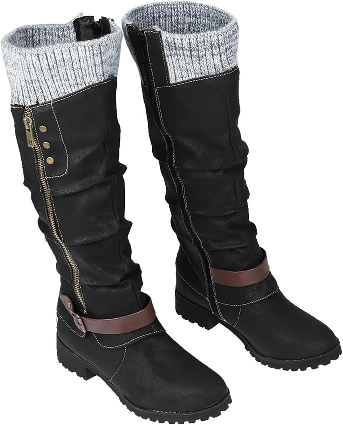 Bamboo Store Womens Winter Boots 7.5 Size Flat High Colors Shoes Large Boots Women's Zipper Leisure Heels Mixed Glitter Boot