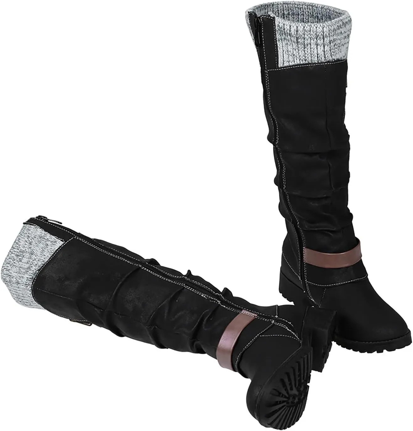 Bamboo Store Womens Winter Boots 7.5 Size Flat High Colors Shoes Large Boots Women's Zipper Leisure Heels Mixed Glitter Boot