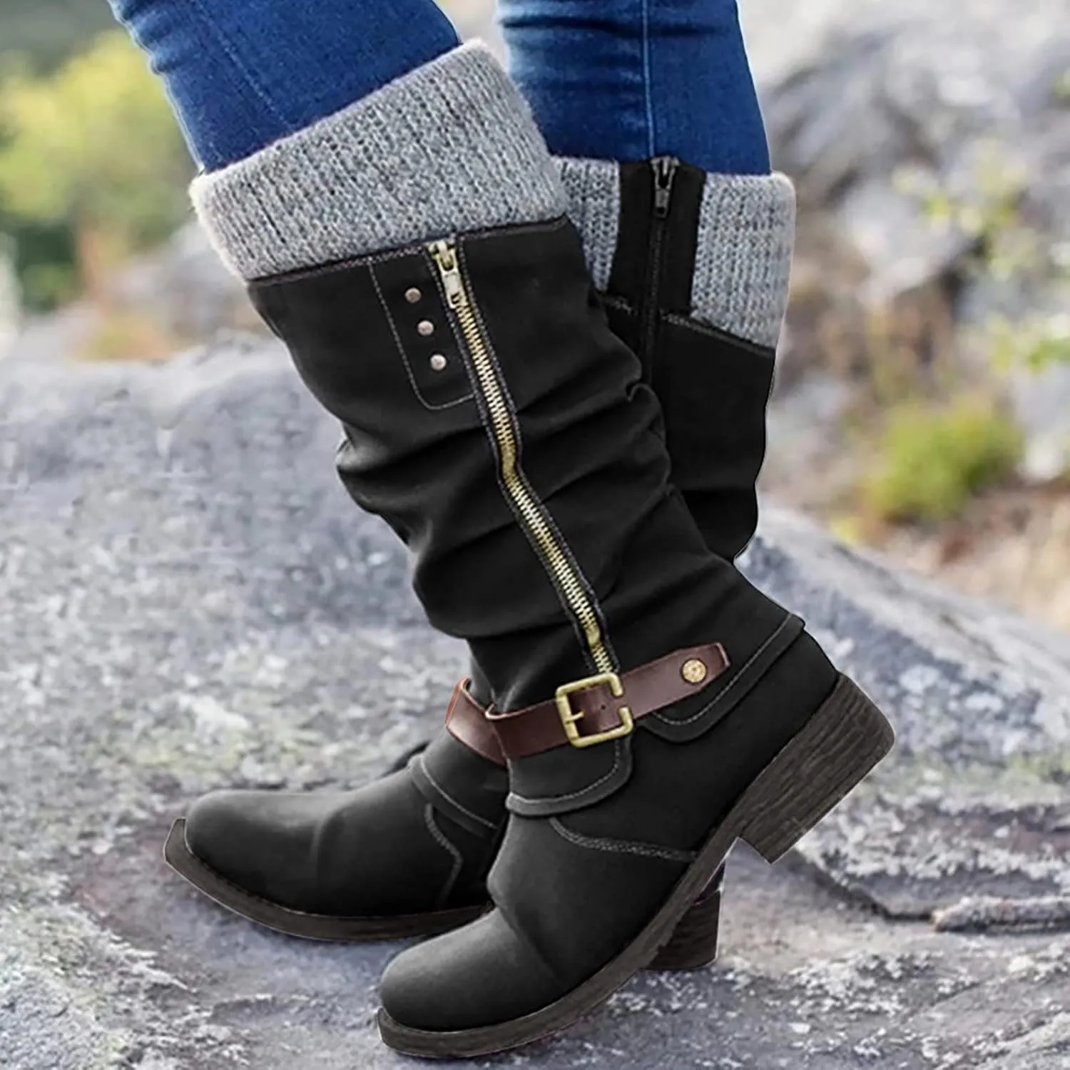 Bamboo Store Womens Winter Boots 7.5 Size Flat High Colors Shoes Large Boots Women's Zipper Leisure Heels Mixed Glitter Boot