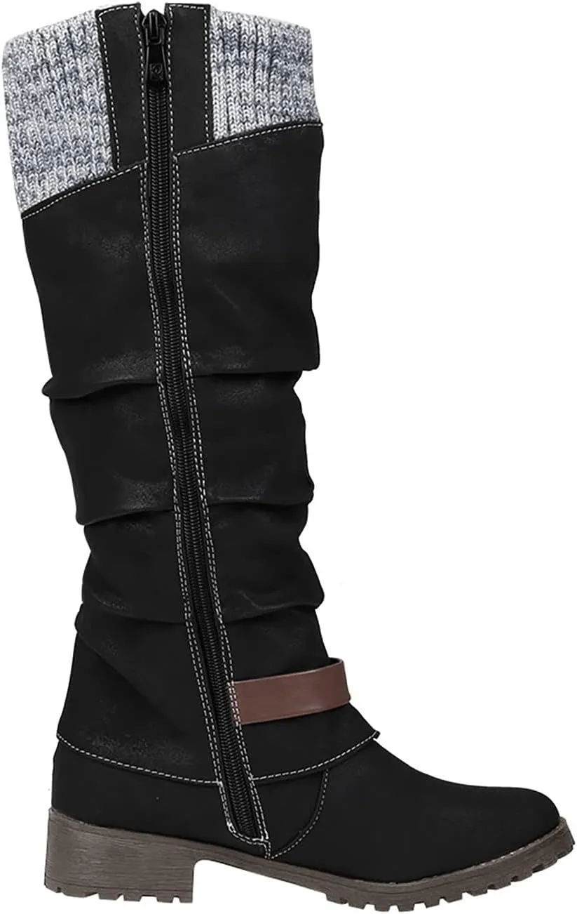 Bamboo Store Womens Winter Boots 7.5 Size Flat High Colors Shoes Large Boots Women's Zipper Leisure Heels Mixed Glitter Boot
