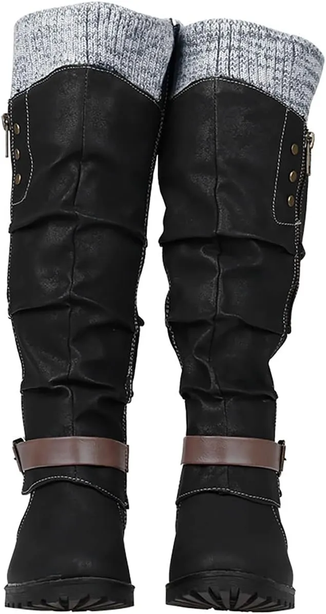 Bamboo Store Womens Winter Boots 7.5 Size Flat High Colors Shoes Large Boots Women's Zipper Leisure Heels Mixed Glitter Boot