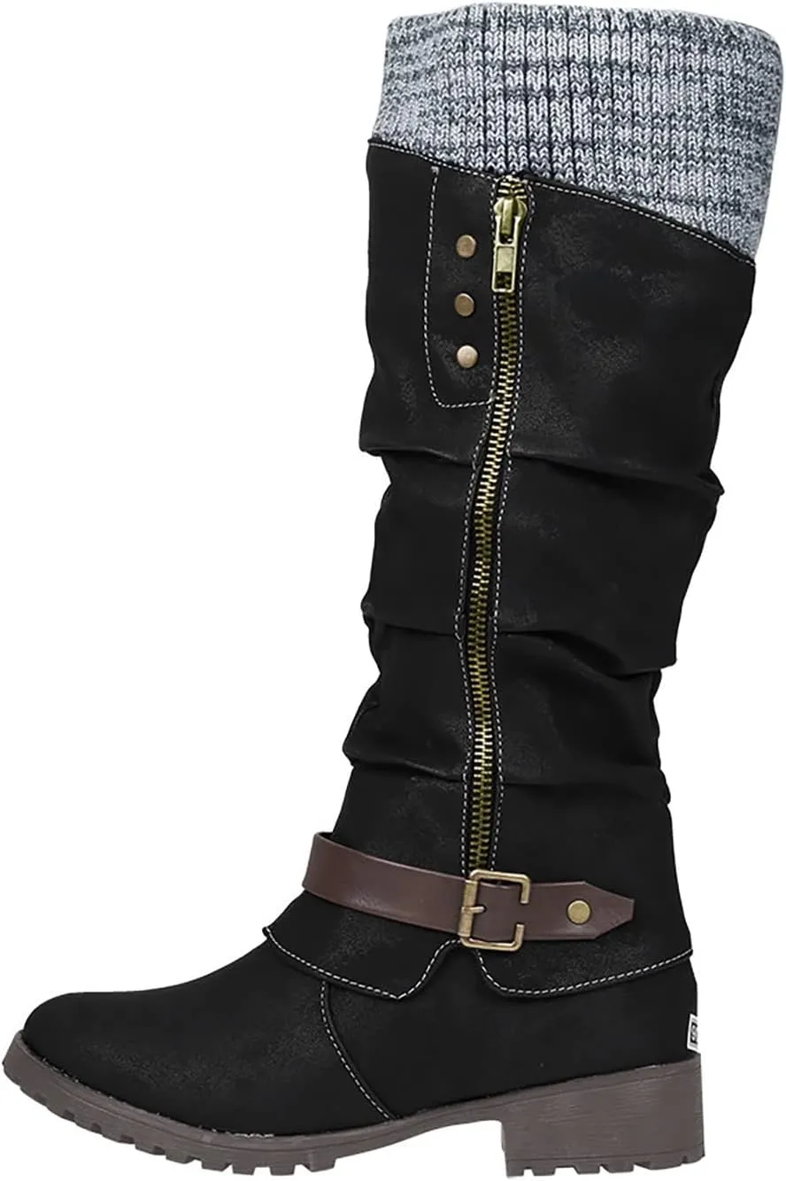 Bamboo Store Womens Winter Boots 7.5 Size Flat High Colors Shoes Large Boots Women's Zipper Leisure Heels Mixed Glitter Boot