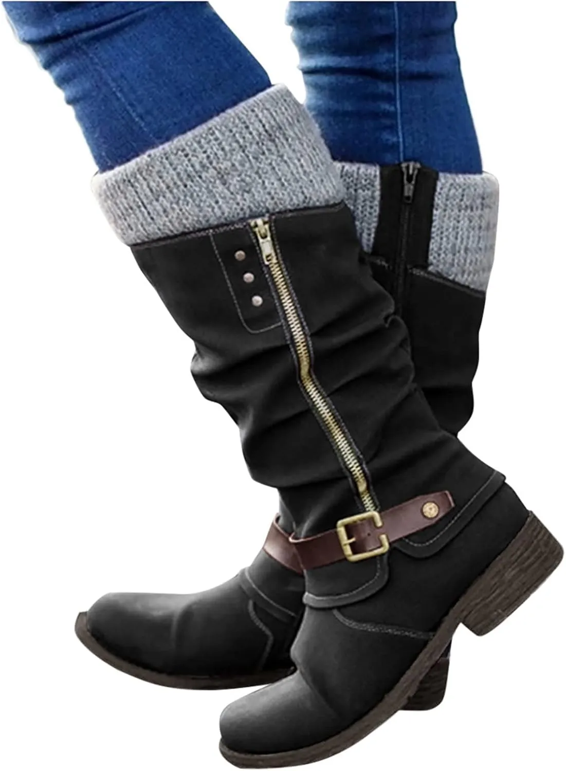 Bamboo Store Womens Winter Boots 7.5 Size Flat High Colors Shoes Large Boots Women's Zipper Leisure Heels Mixed Glitter Boot