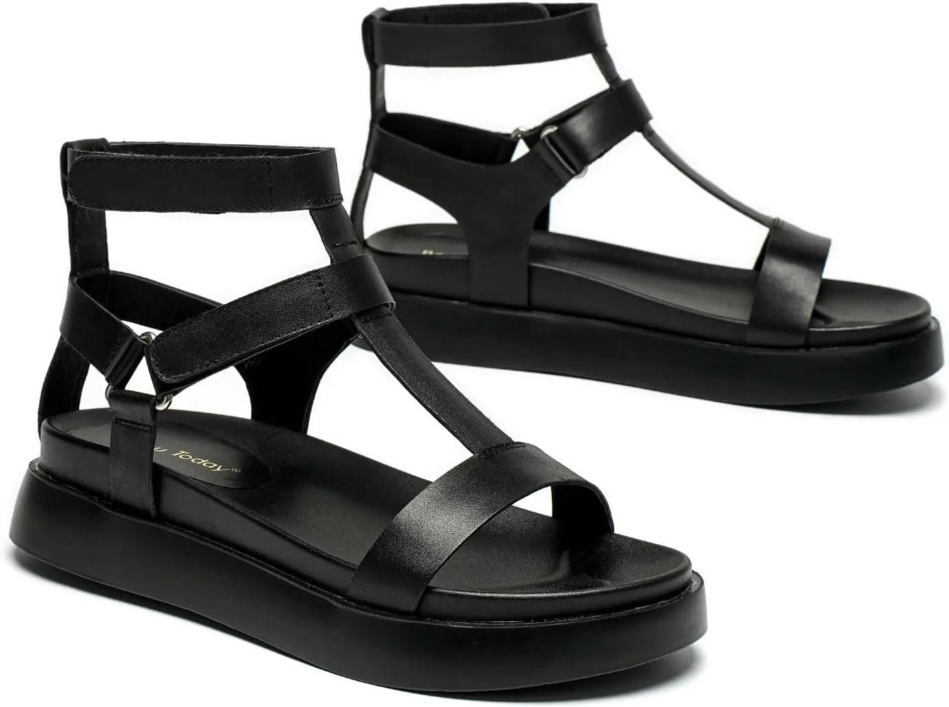 BEAU TODAY Sandals for Women, Womens Platform Gladiator Leather Sandals, Summer Comfortable Sandal with Arch Support, Dressy Casual Shoes for Beach Wedding Church with Ankle Buckle