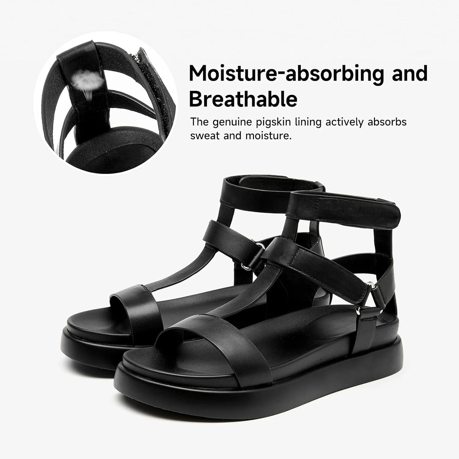 BEAU TODAY Sandals for Women, Womens Platform Gladiator Leather Sandals, Summer Comfortable Sandal with Arch Support, Dressy Casual Shoes for Beach Wedding Church with Ankle Buckle