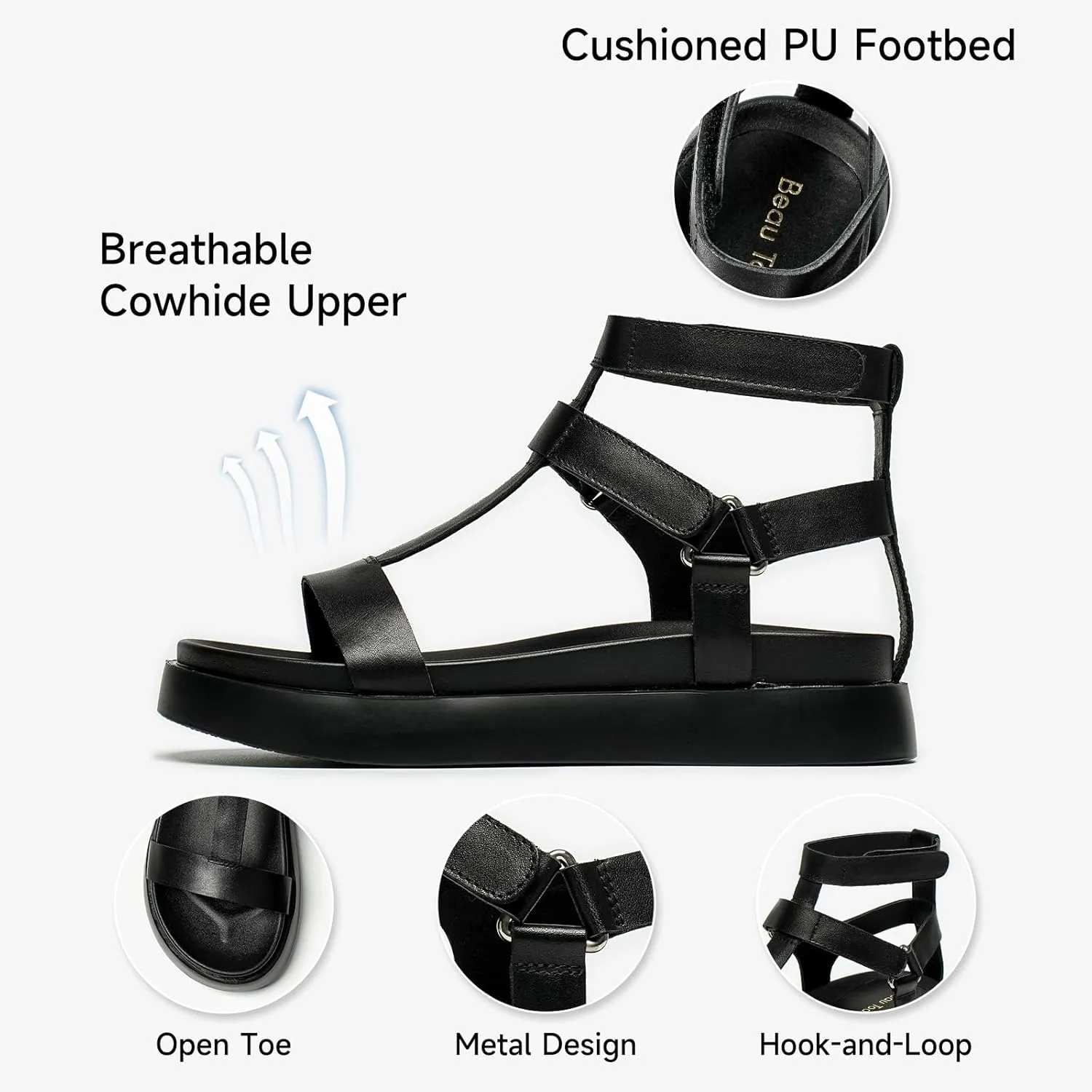 BEAU TODAY Sandals for Women, Womens Platform Gladiator Leather Sandals, Summer Comfortable Sandal with Arch Support, Dressy Casual Shoes for Beach Wedding Church with Ankle Buckle