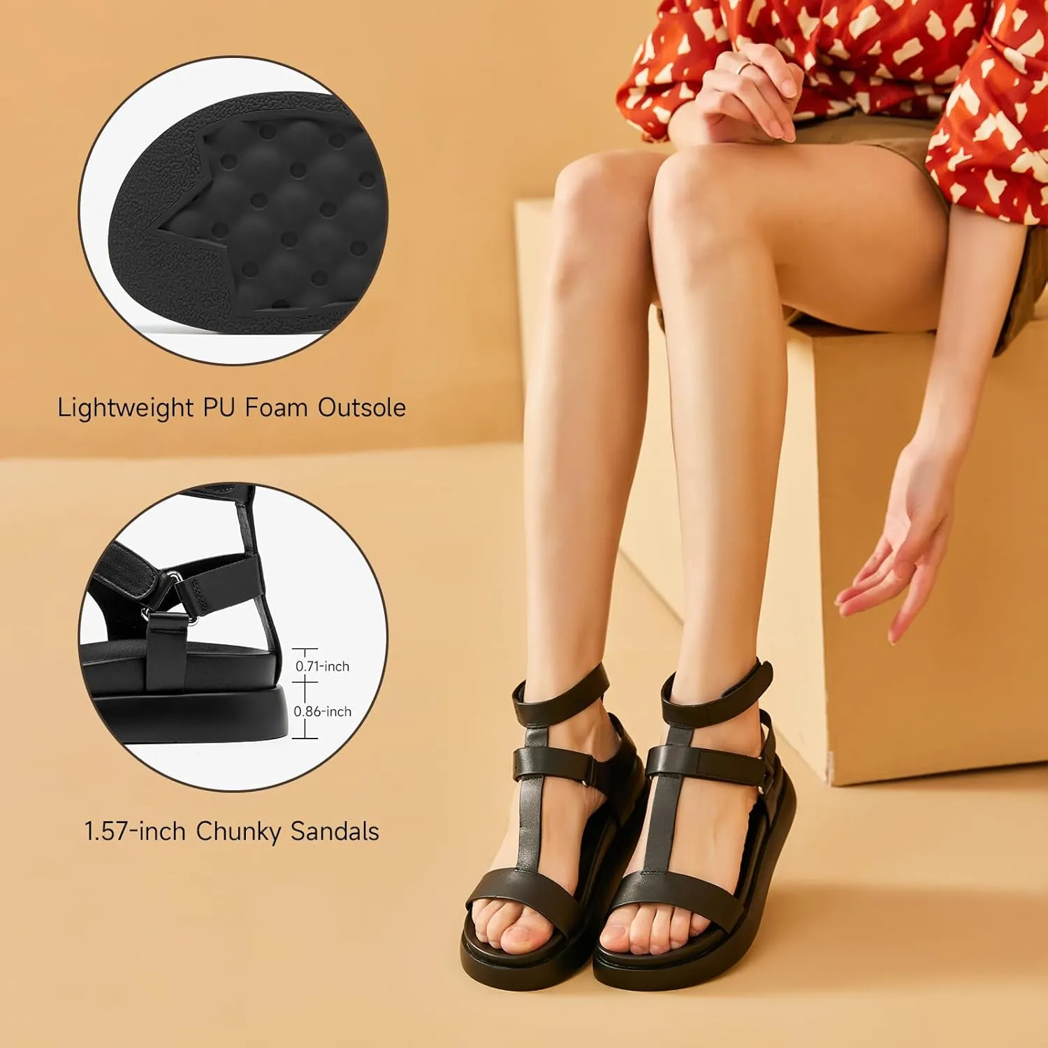 BEAU TODAY Sandals for Women, Womens Platform Gladiator Leather Sandals, Summer Comfortable Sandal with Arch Support, Dressy Casual Shoes for Beach Wedding Church with Ankle Buckle