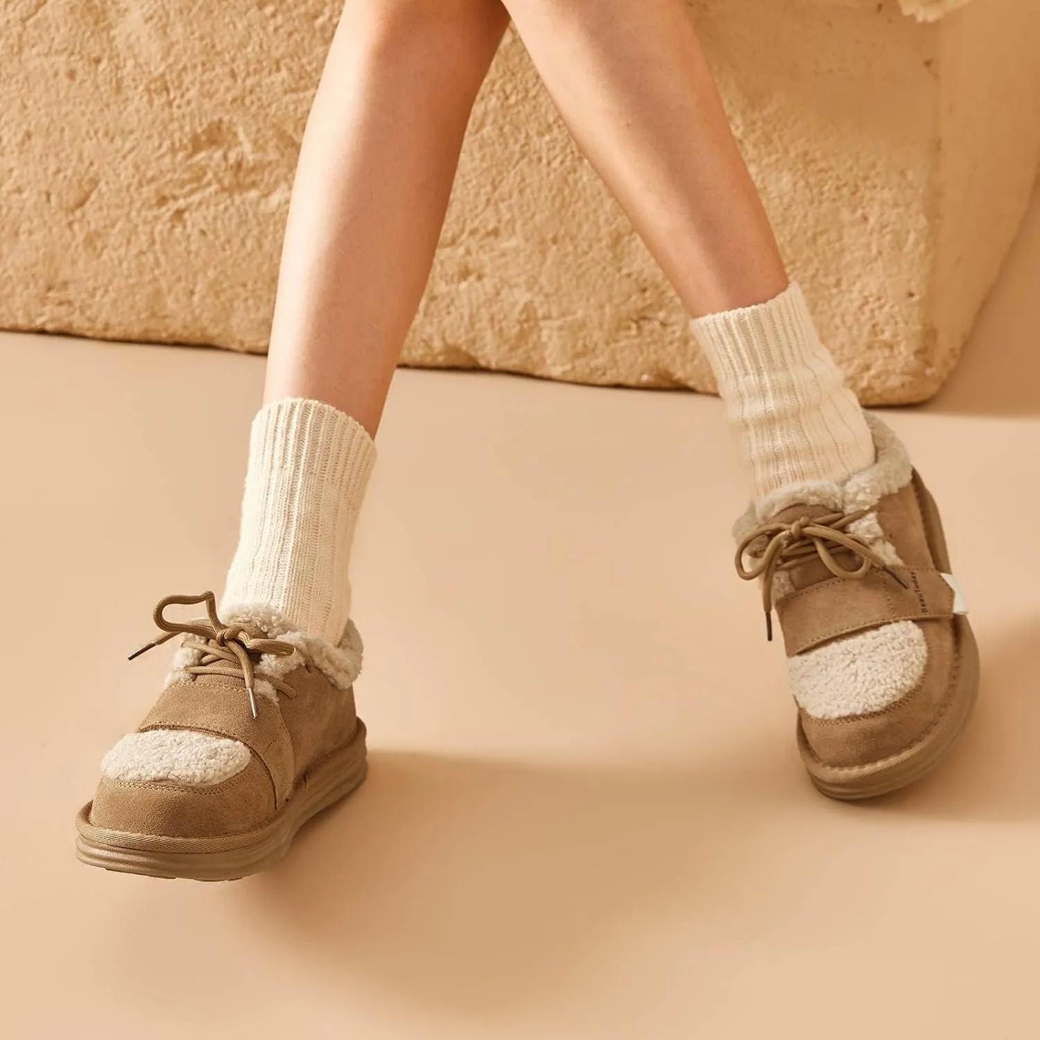 BEAU TODAY Snow Sneakers for Women, Suede Platform Sneakers Womens Warm Fur Lined Fashion Sneakers Slip-on Comfortable Winter Flat Shoes
