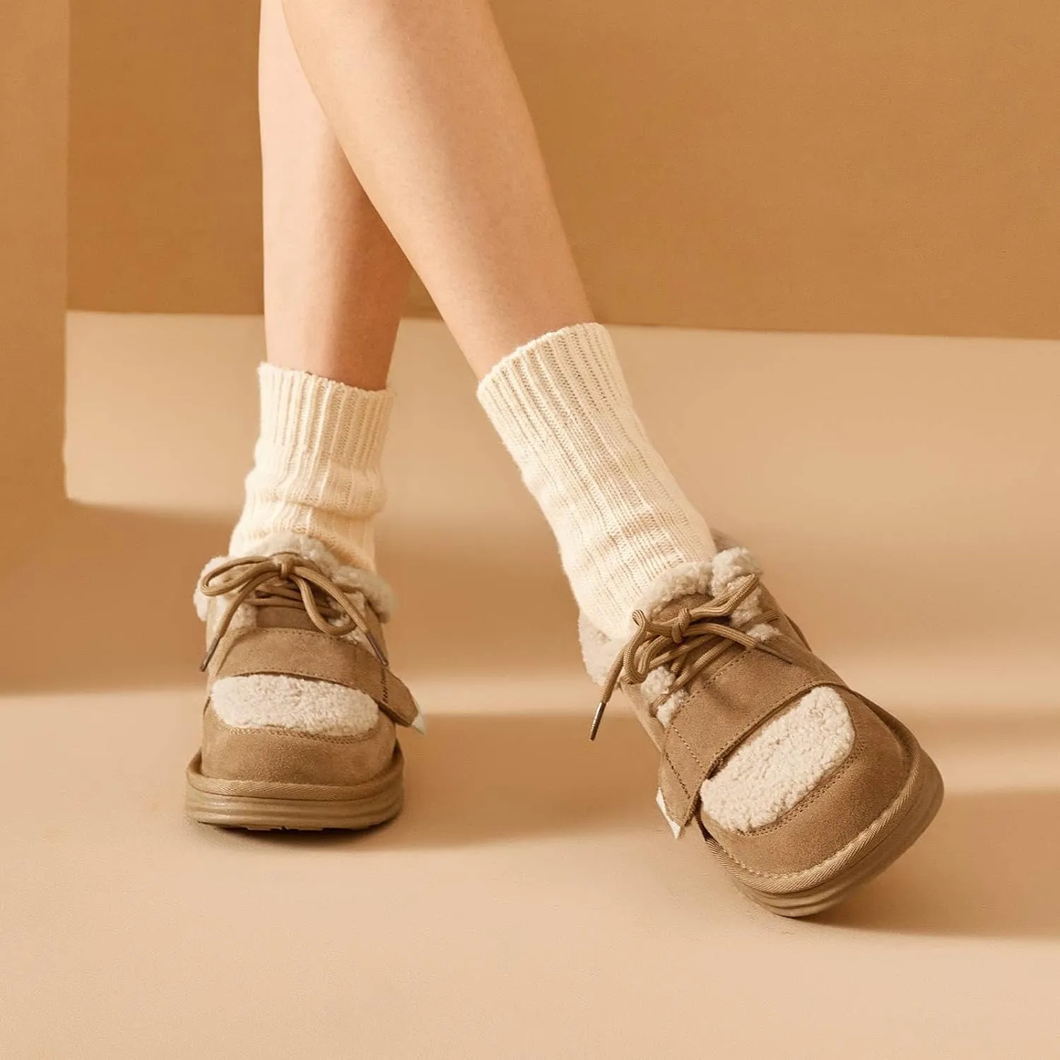 BEAU TODAY Snow Sneakers for Women, Suede Platform Sneakers Womens Warm Fur Lined Fashion Sneakers Slip-on Comfortable Winter Flat Shoes