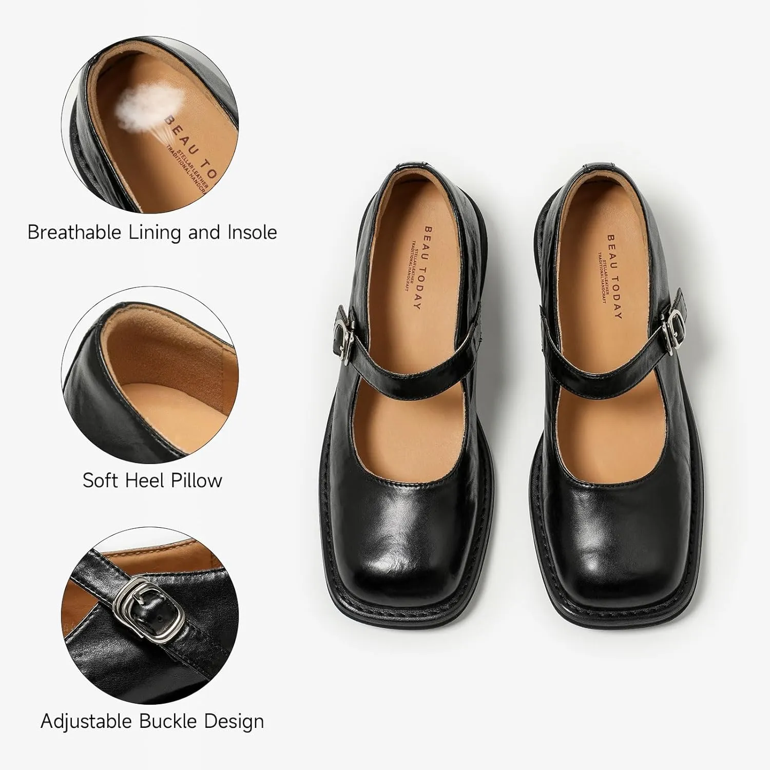 BEAU TODAY Womens Mary Janes, Leather Mary Janes for Women, Fashion Square Toe Ballet Flats, Comfortable Business Office Casual Dressy Mary Jane Flats for Women with Ankle Strap