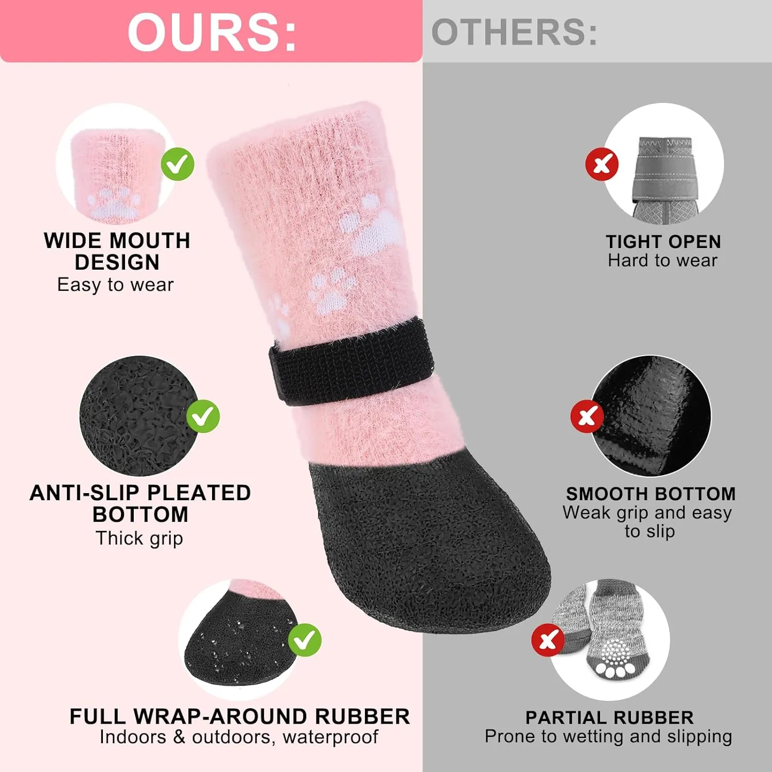 BEAUTYZOO Dog Boots Dog Snow Boots for Winter, Fleece Warm Dog Booties & Paw Protectors, Waterproof Dog Socks to Prevent Licking for Hardwood Floor Anti-Slip Small Medium Senior Dogs Shoes, Pink