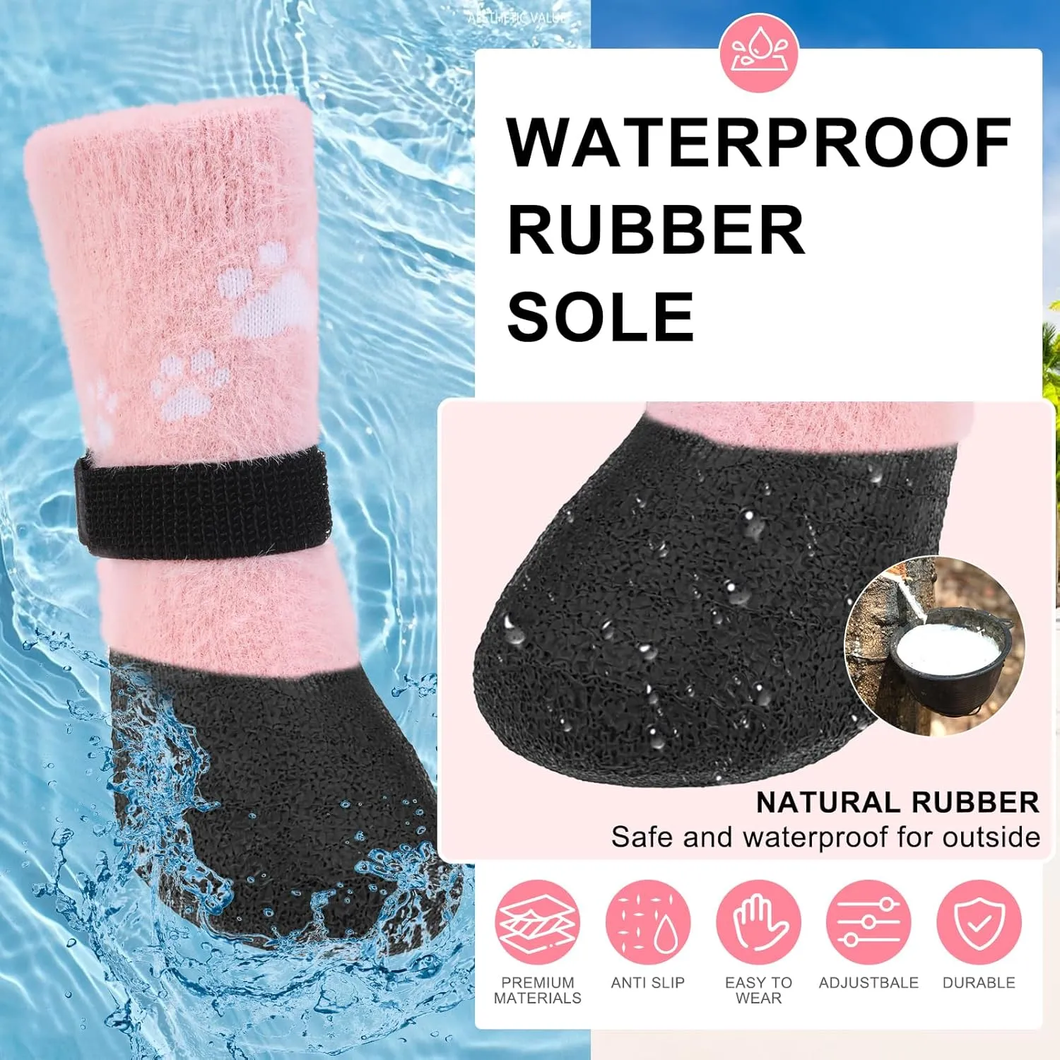 BEAUTYZOO Dog Boots Dog Snow Boots for Winter, Fleece Warm Dog Booties & Paw Protectors, Waterproof Dog Socks to Prevent Licking for Hardwood Floor Anti-Slip Small Medium Senior Dogs Shoes, Pink