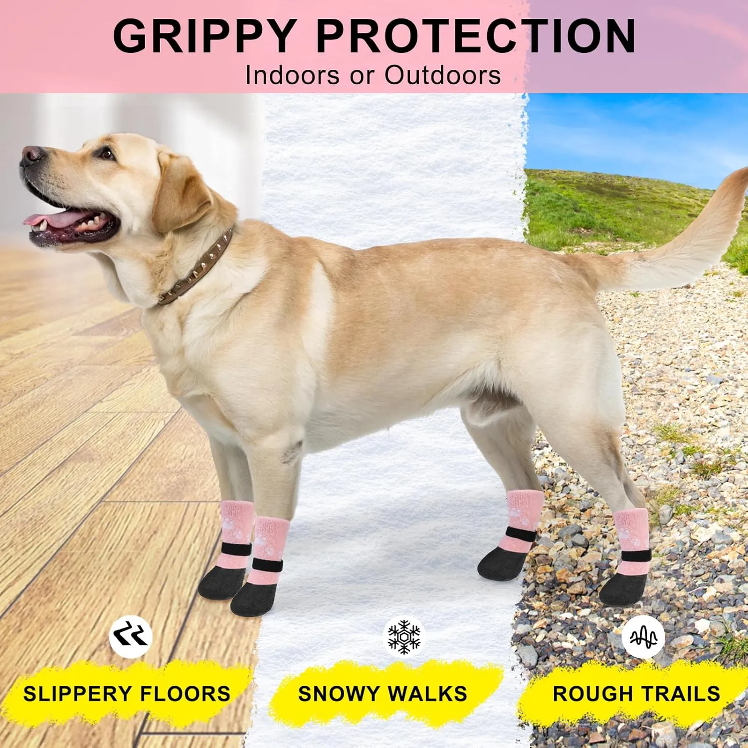 BEAUTYZOO Dog Boots Dog Snow Boots for Winter, Fleece Warm Dog Booties & Paw Protectors, Waterproof Dog Socks to Prevent Licking for Hardwood Floor Anti-Slip Small Medium Senior Dogs Shoes, Pink