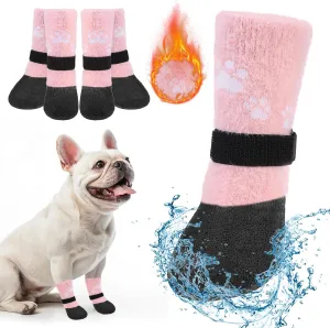 BEAUTYZOO Dog Boots Dog Snow Boots for Winter, Fleece Warm Dog Booties & Paw Protectors, Waterproof Dog Socks to Prevent Licking for Hardwood Floor Anti-Slip Small Medium Senior Dogs Shoes, Pink