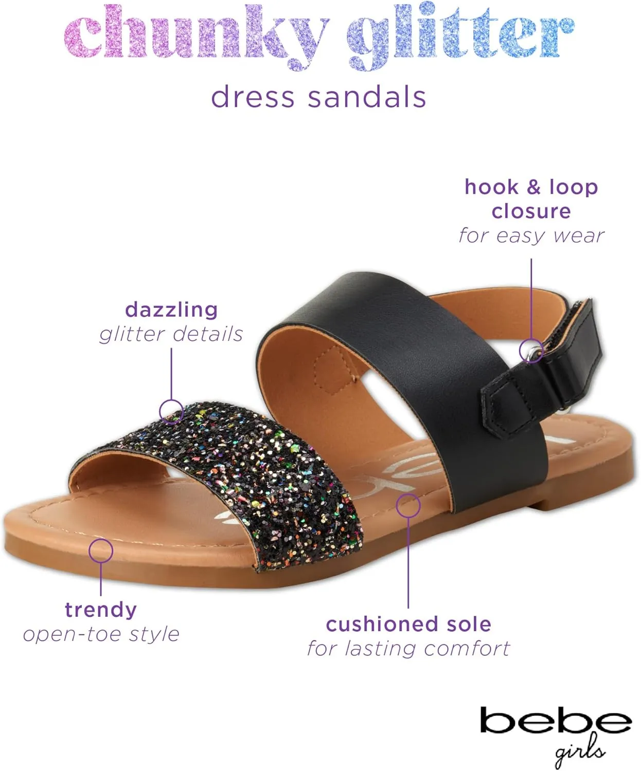 bebe Girls Sandals - Big girl and Toddler Girl Sandals with Durable Leather and Glitter Straps, Summer Dress Shoes for Girls