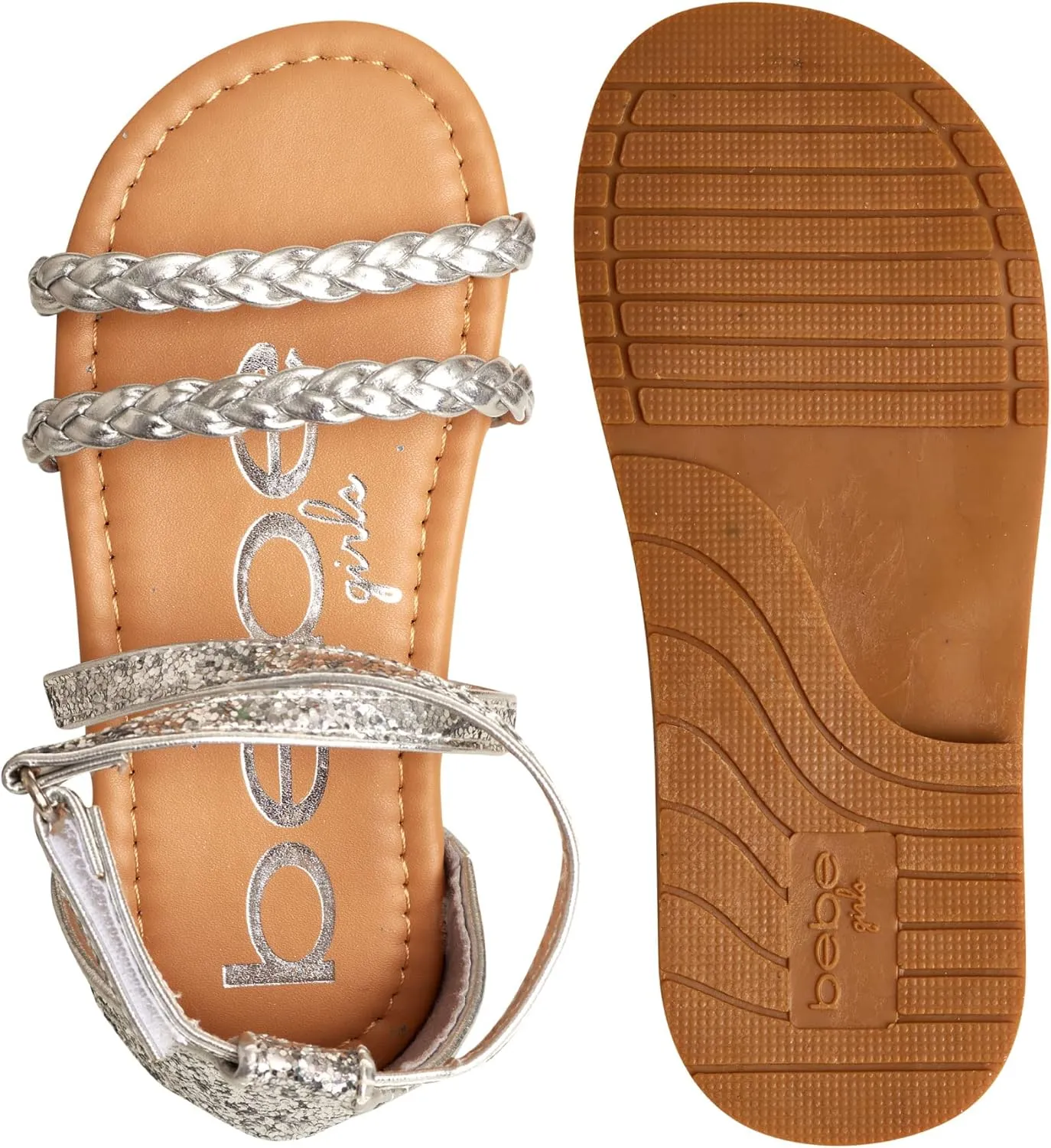 bebe Toddler Girls’ Sandals – Leatherette Braided Glitter Gladiator Sandal (5T-10T)