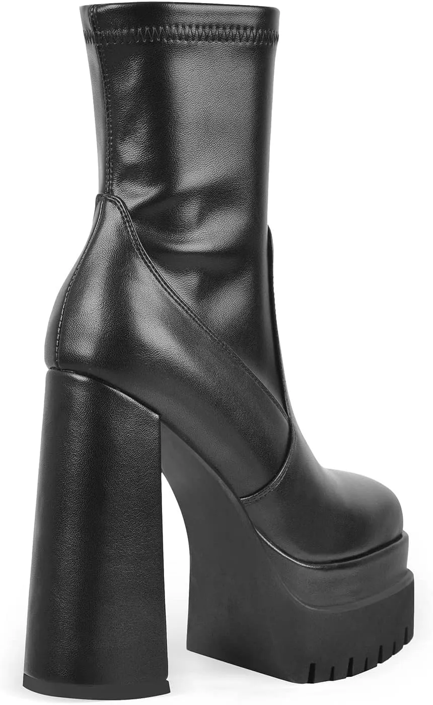 Black Platform Boots for Women Chunky Heel Square Toe Over Knee High Boots