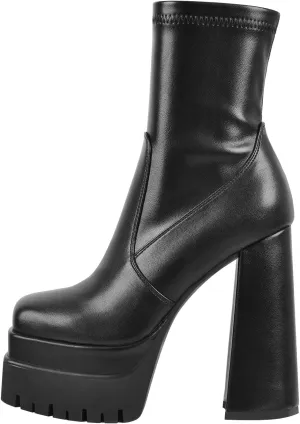 Black Platform Boots for Women Chunky Heel Square Toe Over Knee High Boots
