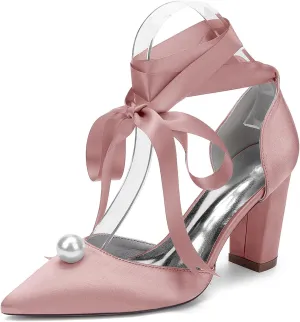 Block Heel Wedding Shoes for Bride Women's Pointed Toe Pearl Heels Wedding Heels Bridal Shoes 8.5Cm
