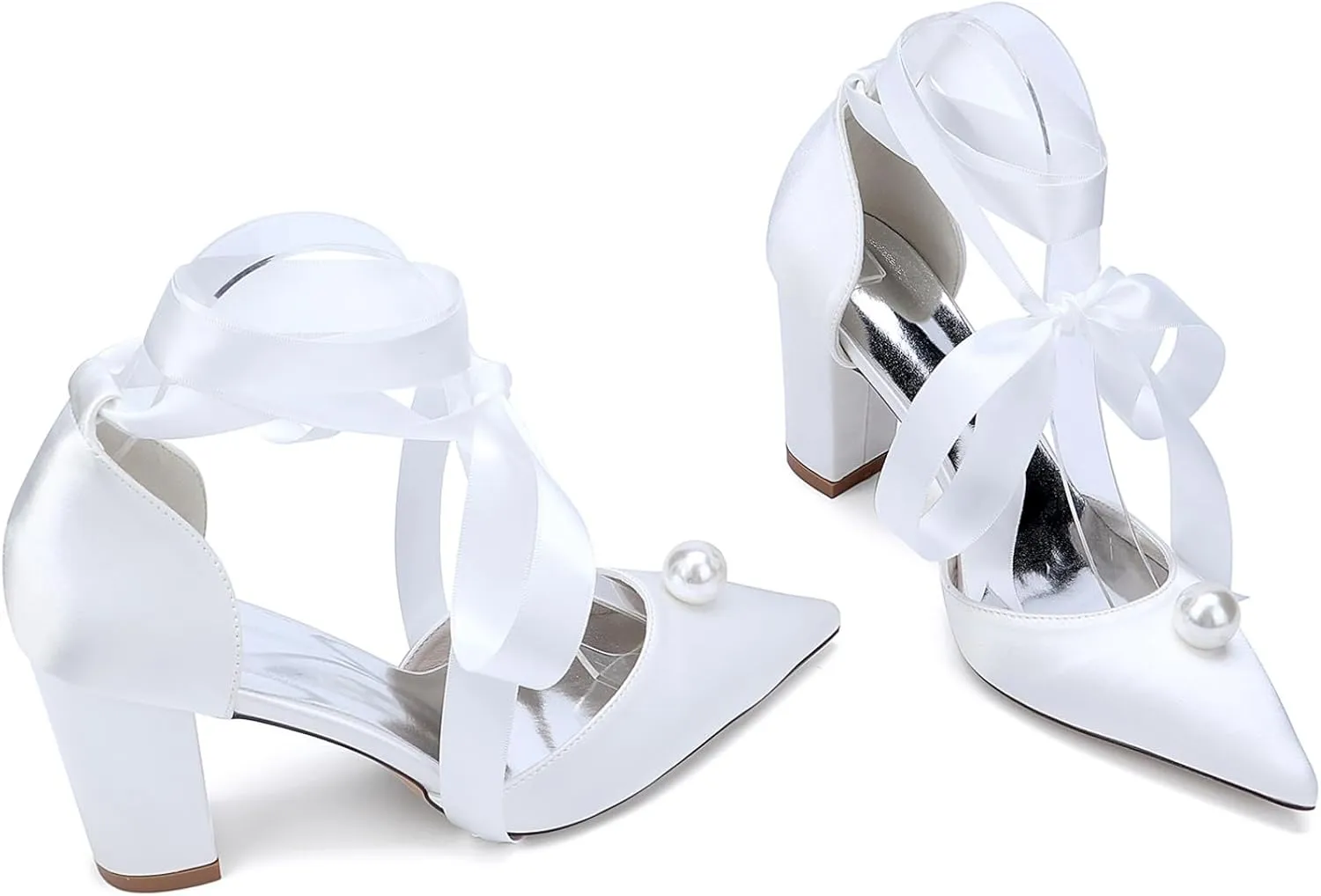 Block Heel Wedding Shoes for Bride Women's Pointed Toe Pearl Heels Wedding Heels Bridal Shoes 8.5Cm