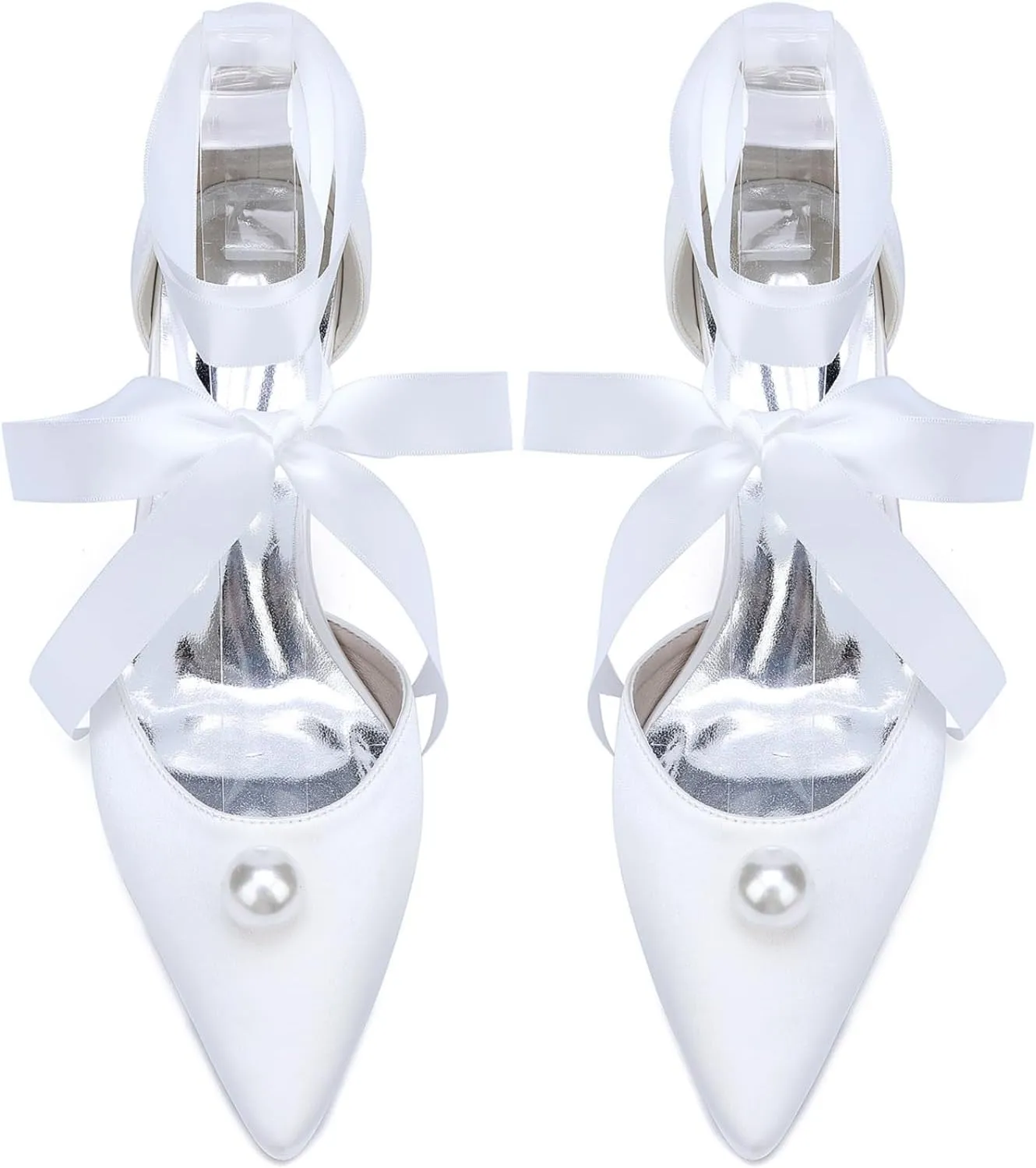 Block Heel Wedding Shoes for Bride Women's Pointed Toe Pearl Heels Wedding Heels Bridal Shoes 8.5Cm