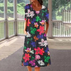 Boho Floral Printed Maxi Dress Women Summer 2025 Ethnic Short Sleeve Casual Flowy Beach Wedding Dresses with Pockets