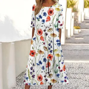 Boho Floral Printed Maxi Dress Women Summer 2025 Ethnic Short Sleeve Casual Flowy Beach Wedding Dresses with Pockets