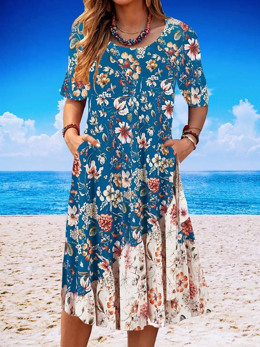 Boho Floral Printed Maxi Dress Women Summer 2025 Ethnic Short Sleeve Casual Flowy Beach Wedding Dresses with Pockets