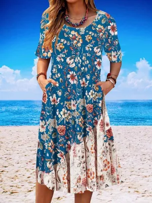 Boho Floral Printed Maxi Dress Women Summer 2025 Ethnic Short Sleeve Casual Flowy Beach Wedding Dresses with Pockets