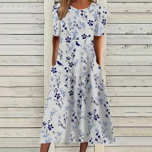 Boho Floral Printed Maxi Dress Women Summer 2025 Ethnic Short Sleeve Casual Flowy Beach Wedding Dresses with Pockets