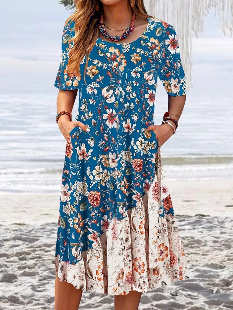 Boho Floral Printed Maxi Dress Women Summer 2025 Ethnic Short Sleeve Casual Flowy Beach Wedding Dresses with Pockets