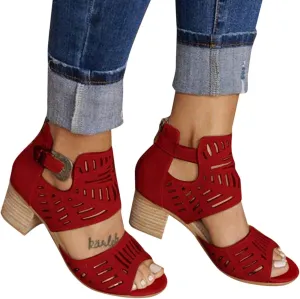BORAMAX Ladies Ankle Buckle Sandals, Roman Sandals Casual Summer Hollow Open Toe High Chunky Heel Booties Black-10
