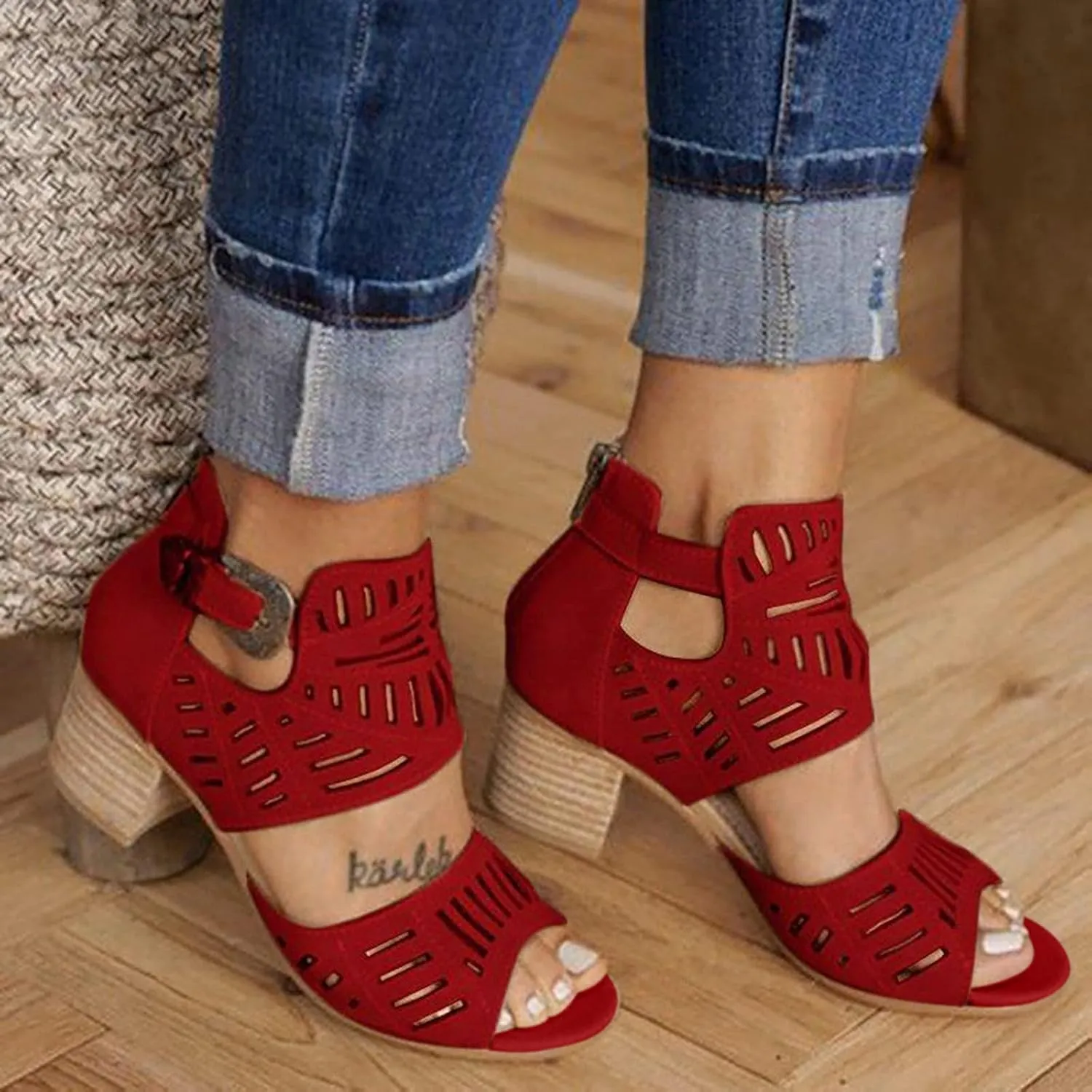 BORAMAX Ladies Ankle Buckle Sandals, Roman Sandals Casual Summer Hollow Open Toe High Chunky Heel Booties Black-10