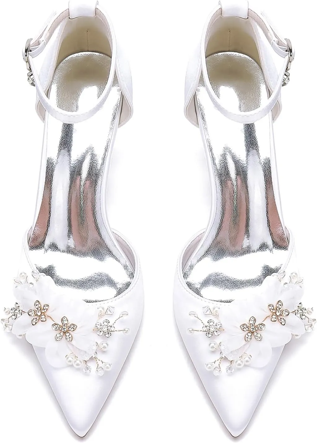 Bridal Wedding Shoes Women's Bridal Low Chunky Heels Pointed Toe Ankle Strap Party Wedding Dress Shoes 4.5Cm High Heels