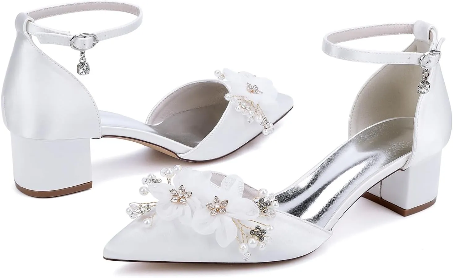 Bridal Wedding Shoes Women's Bridal Low Chunky Heels Pointed Toe Ankle Strap Party Wedding Dress Shoes 4.5Cm High Heels