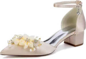 Bridal Wedding Shoes Women's Bridal Low Chunky Heels Pointed Toe Ankle Strap Party Wedding Dress Shoes 4.5Cm High Heels