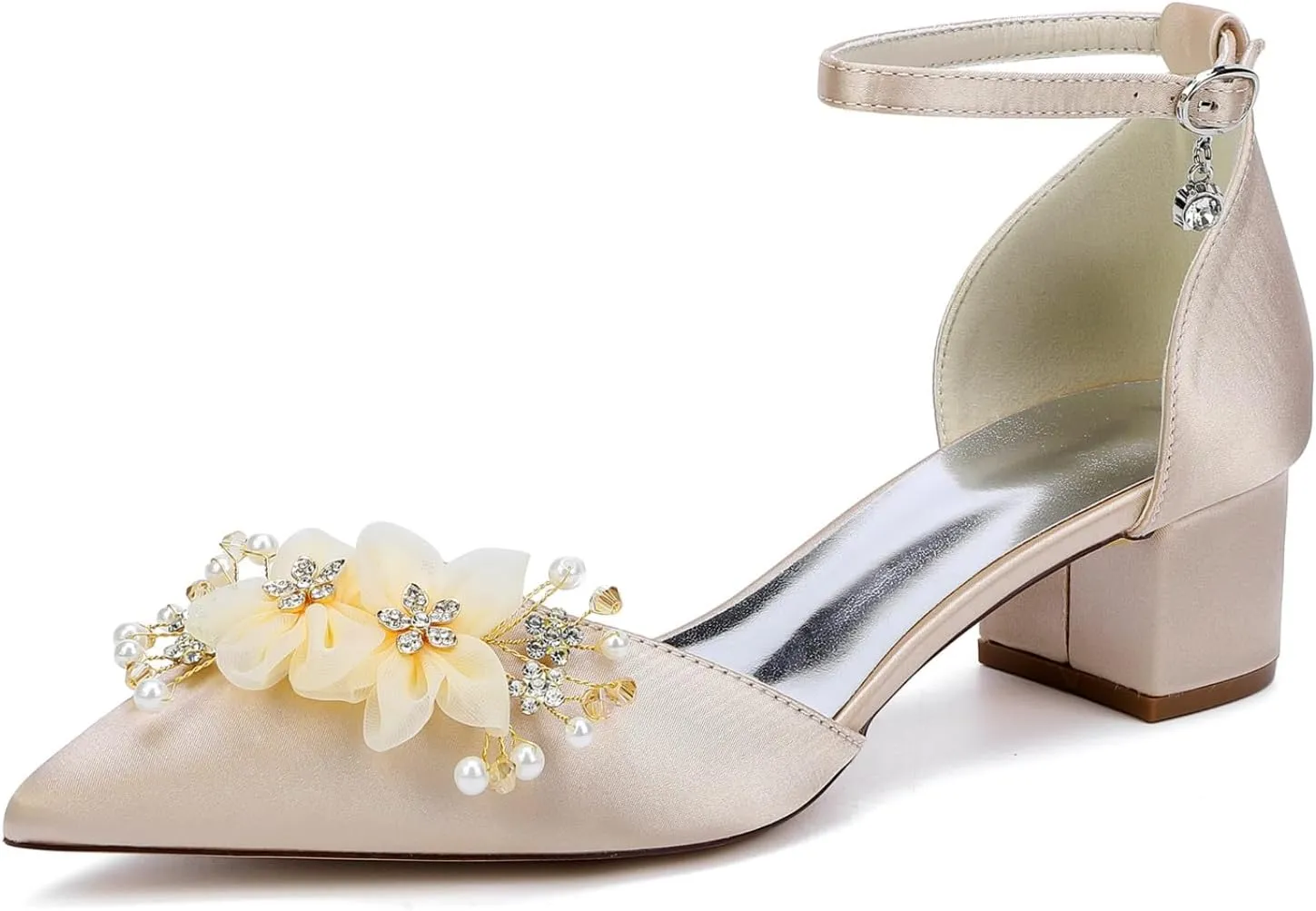 Bridal Wedding Shoes Women's Bridal Low Chunky Heels Pointed Toe Ankle Strap Party Wedding Dress Shoes 4.5Cm High Heels