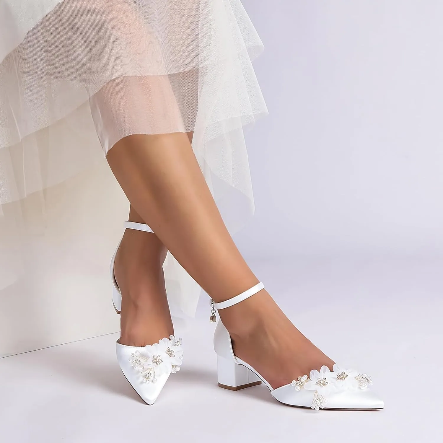 Bridal Wedding Shoes Women's Bridal Low Chunky Heels Pointed Toe Ankle Strap Party Wedding Dress Shoes 4.5Cm High Heels