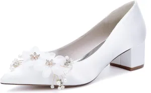 Bride Low Block Heel Satin Wedding Bride Shoes Pointed Toe Women's Party Dress Heeled Sandals 4.5Cm