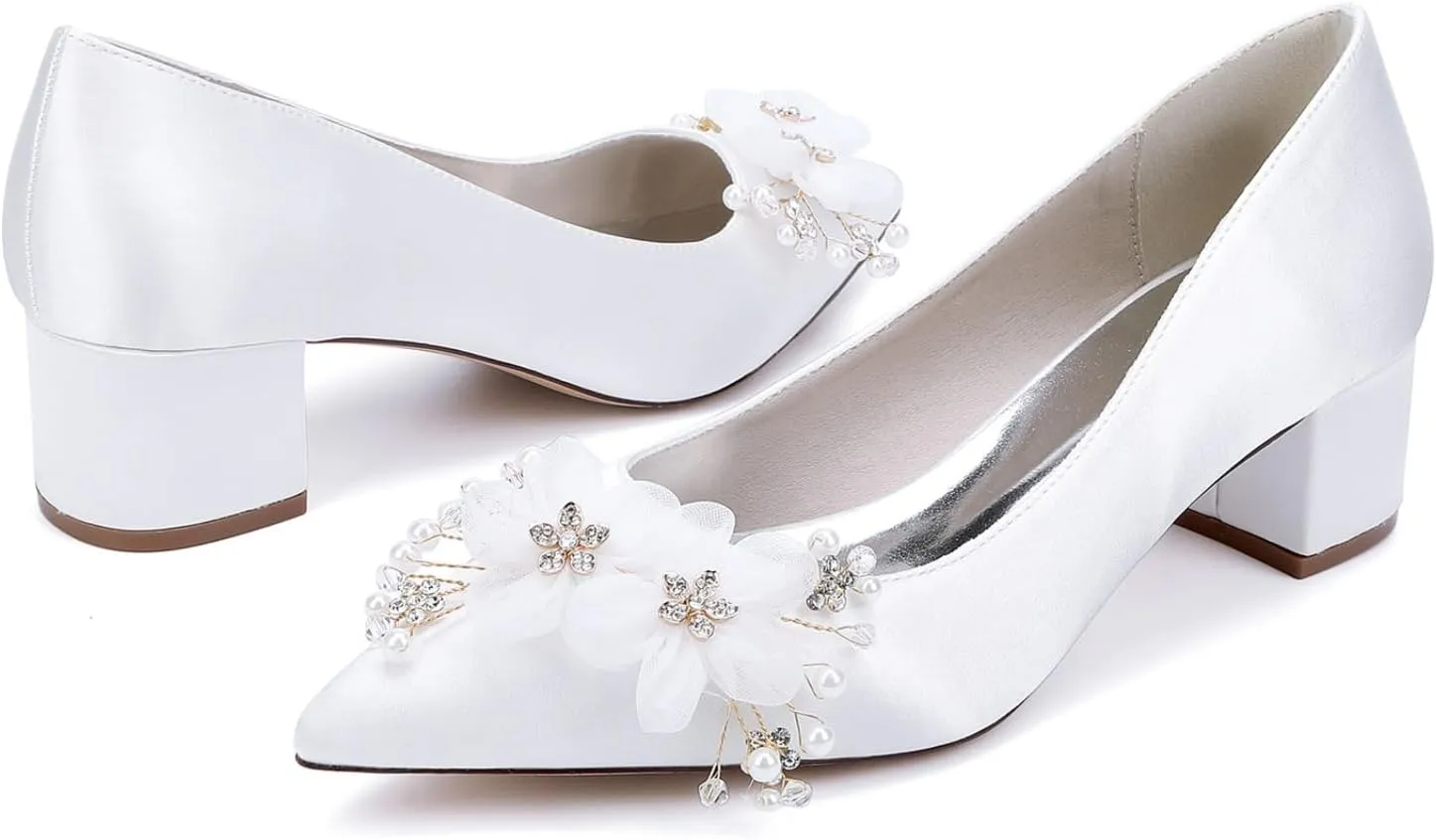 Bride Low Block Heel Satin Wedding Bride Shoes Pointed Toe Women's Party Dress Heeled Sandals 4.5Cm